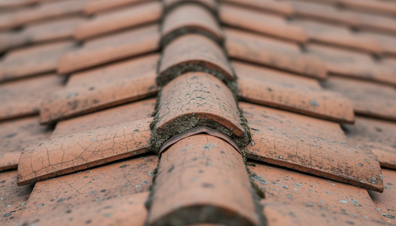 Macro detail of weathered terra-cotta roof tiles showing surface patina and aging characteristics