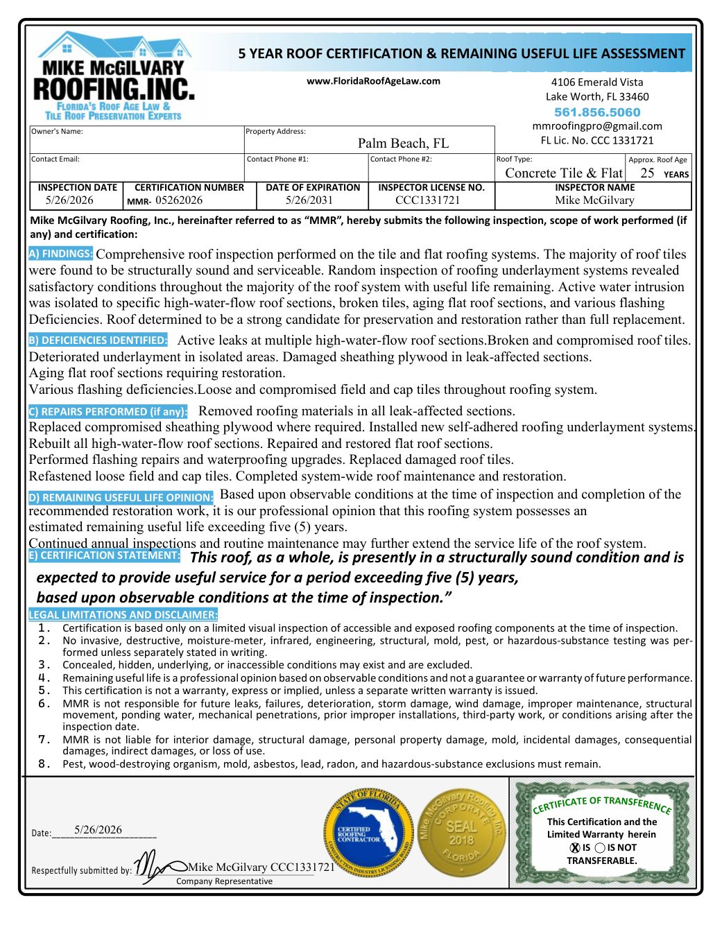 A real Mike McGilvary Roofing 5-Year Roof Certification (client information redacted)