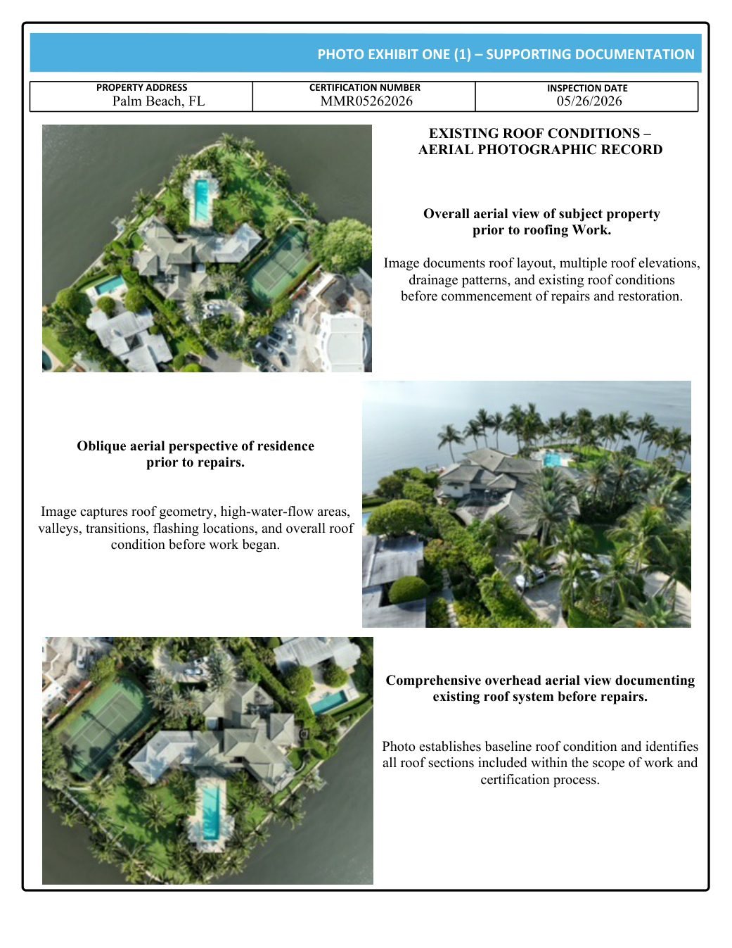 Inspection report page documenting roof areas