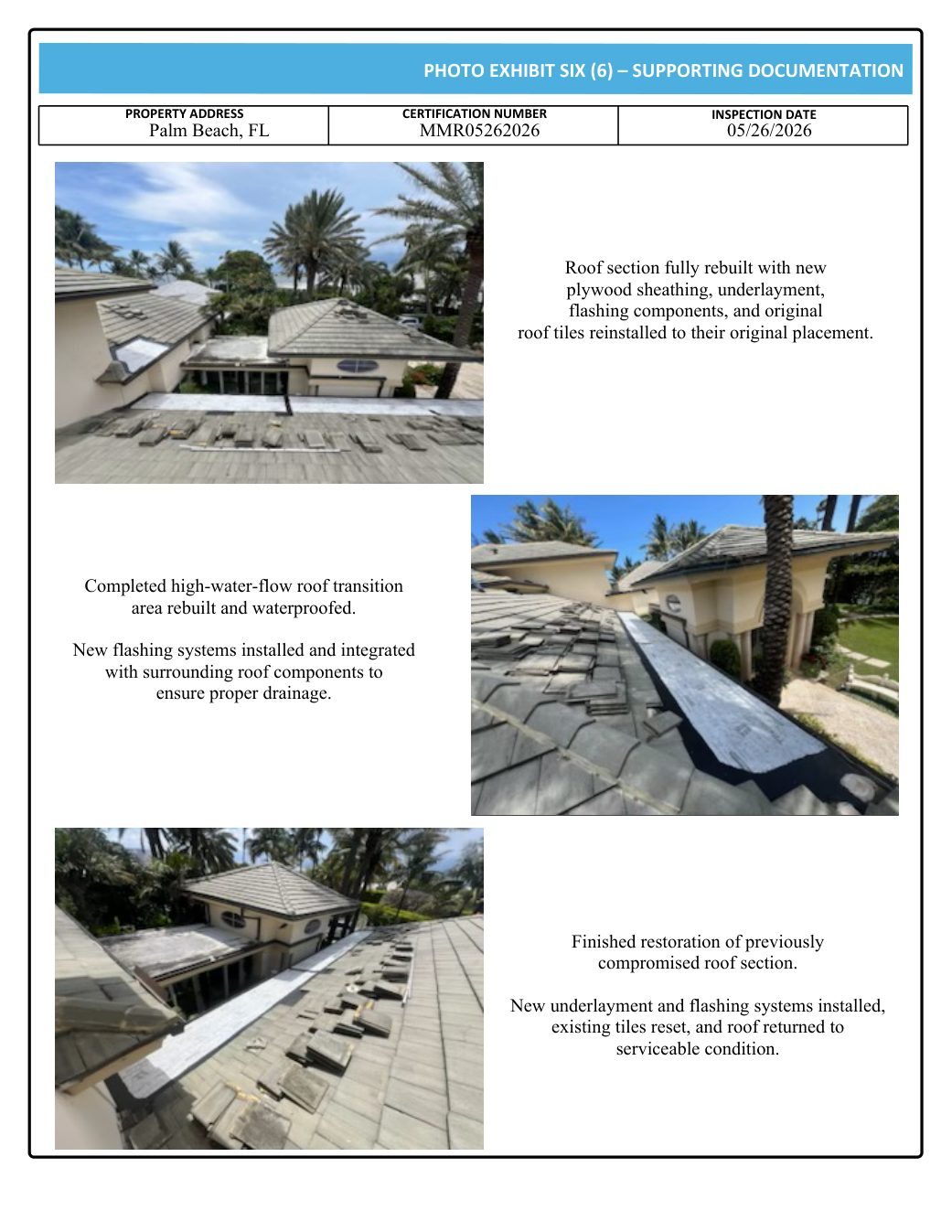 Inspection report page documenting tile and flashing condition