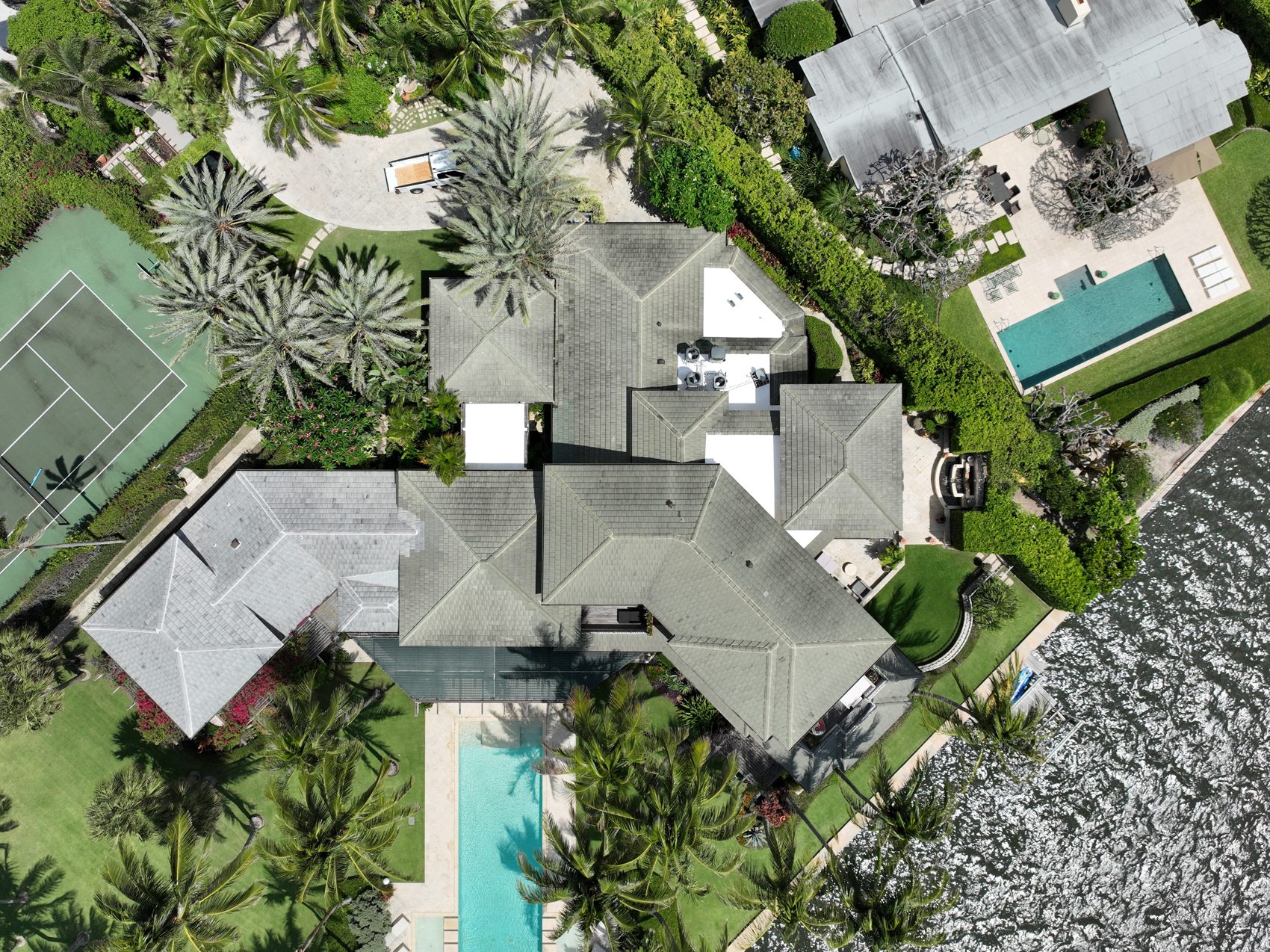 Aerial view of the restored estate tile roof
