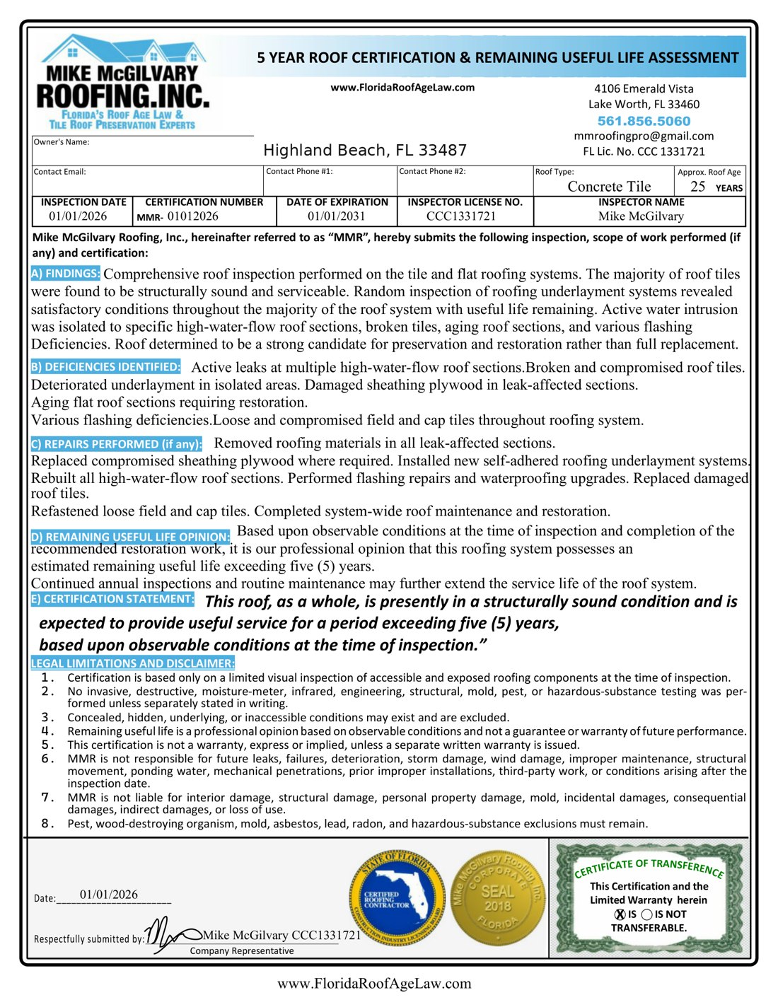 The signed Mike McGilvary Roofing 5-Year Roof Certification and Remaining Useful Life Assessment for the Highland Beach roof (address redacted for privacy)