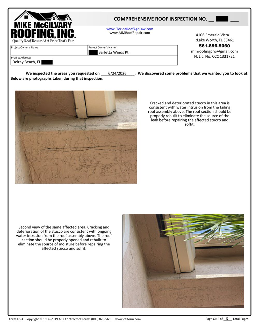 Page one of the redacted Barletta Winds Point roof inspection photo sheet, Delray Beach