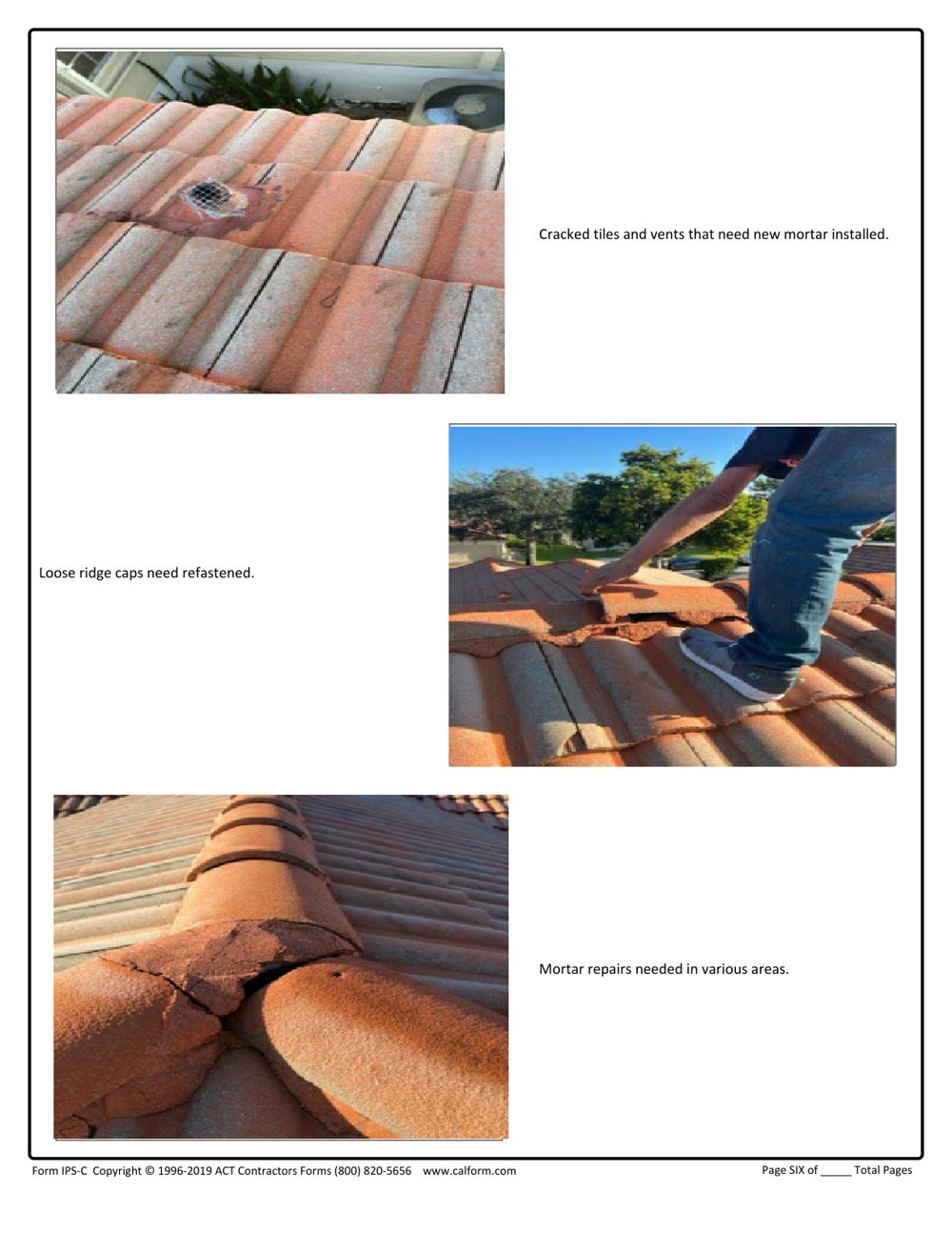 Redacted Canoe Shore Way inspection sheet documenting loose ridge caps, Delray Beach