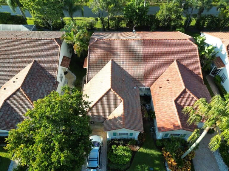 Aerial view of a Delray Beach 33484 concrete tile roof inspected by Mike McGilvary Roofing