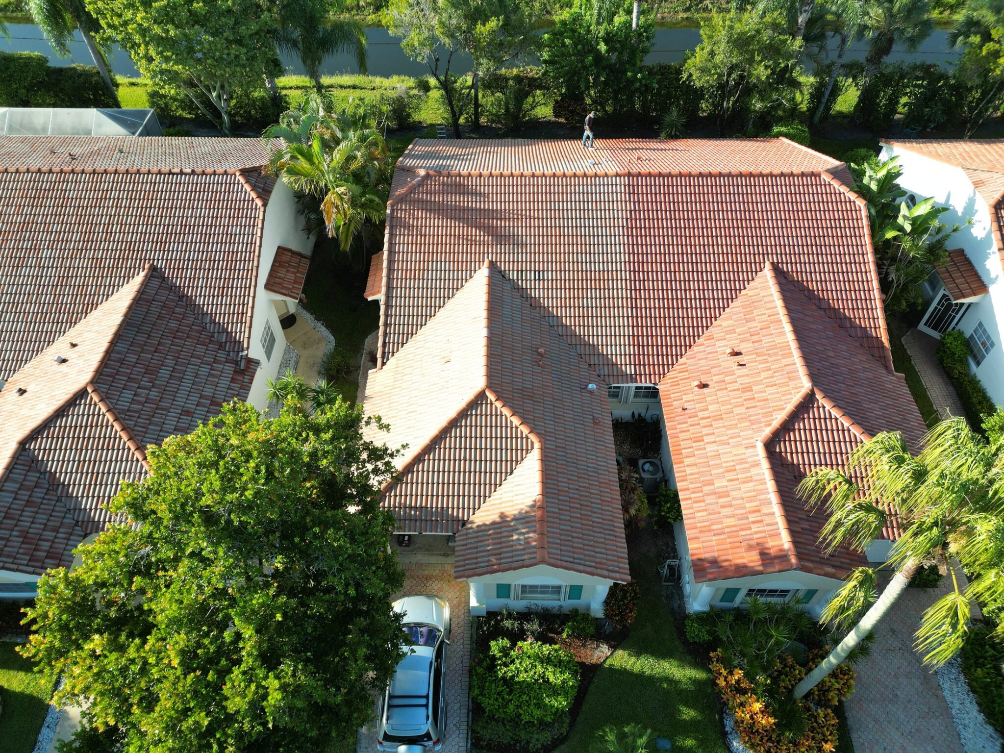 Aerial view of the Canoe Shore Way tile roof in Delray Beach inspected by Mike McGilvary Roofing