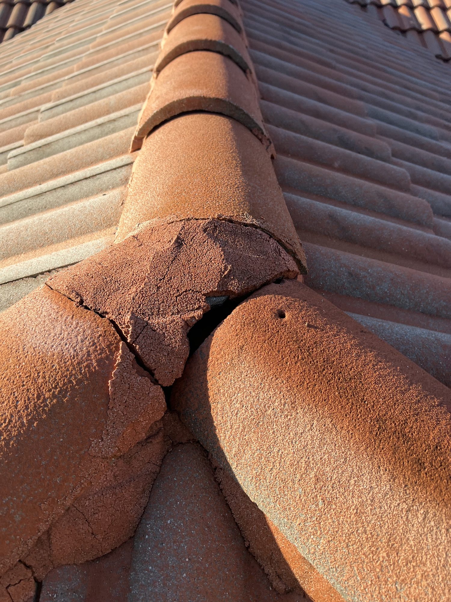 Cracked ridge cap documented on the Canoe Shore Way tile roof, Delray Beach