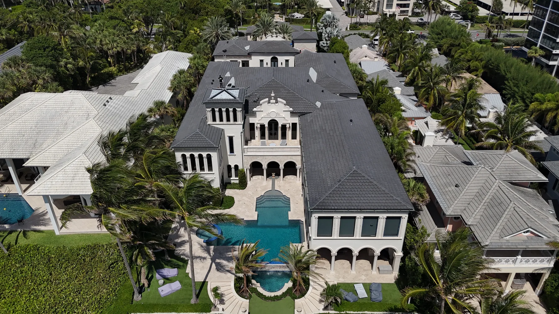 Ocean-facing architecture and tile roof of luxury Delray Beach residence