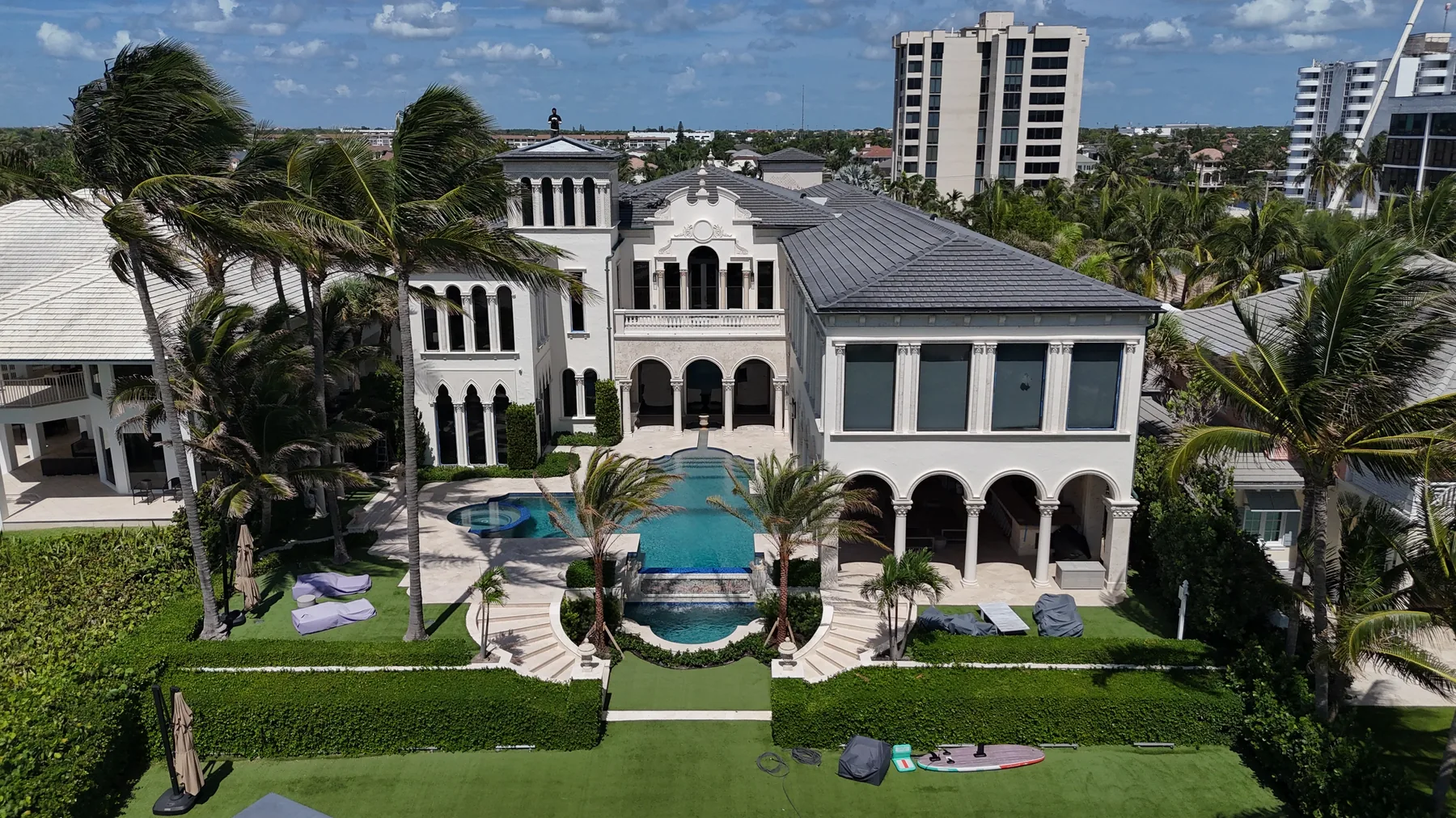 Rear elevation of architecturally significant oceanfront estate roof