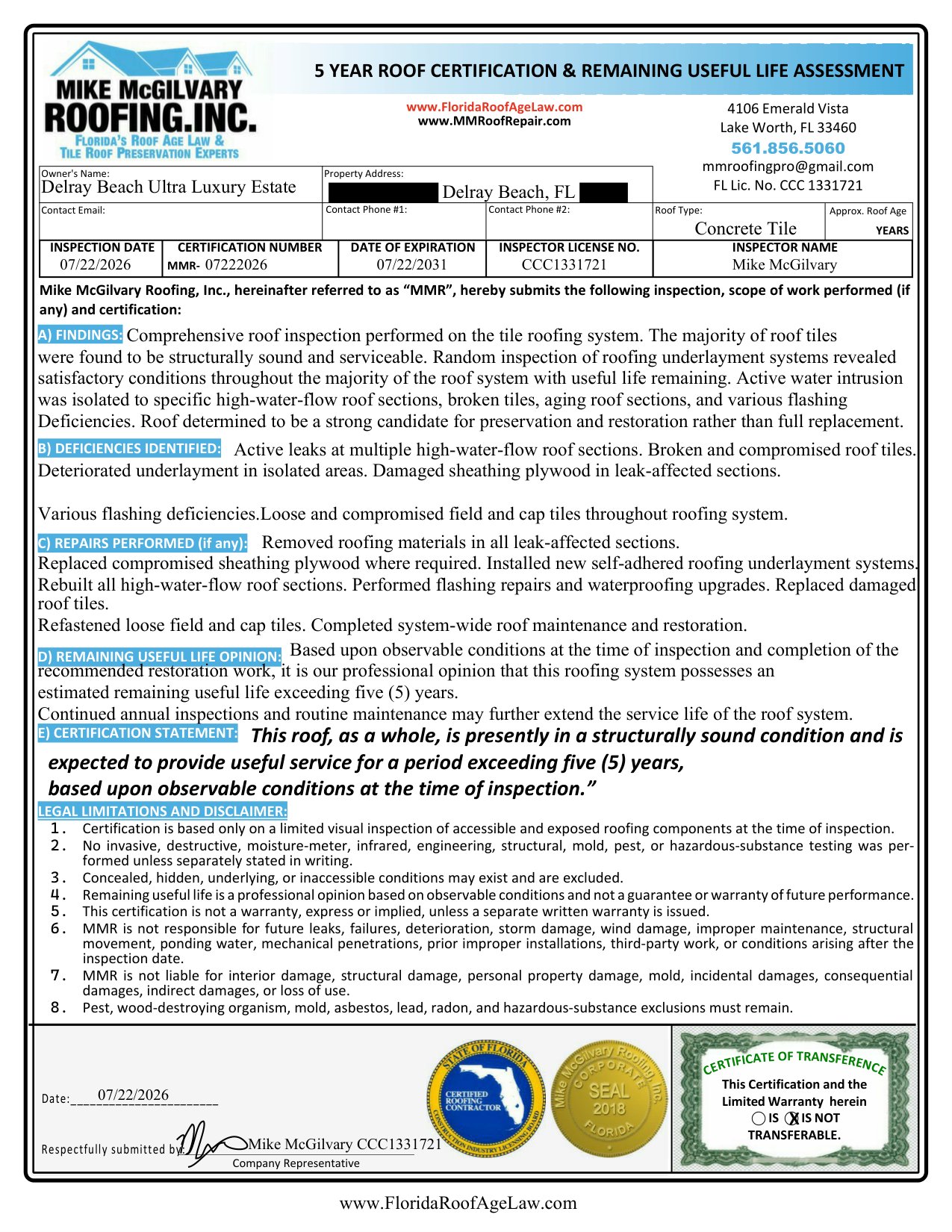 Signed 5-Year Roof Certification and Remaining Useful Life Assessment for a Delray Beach oceanfront estate by Mike McGilvary Roofing