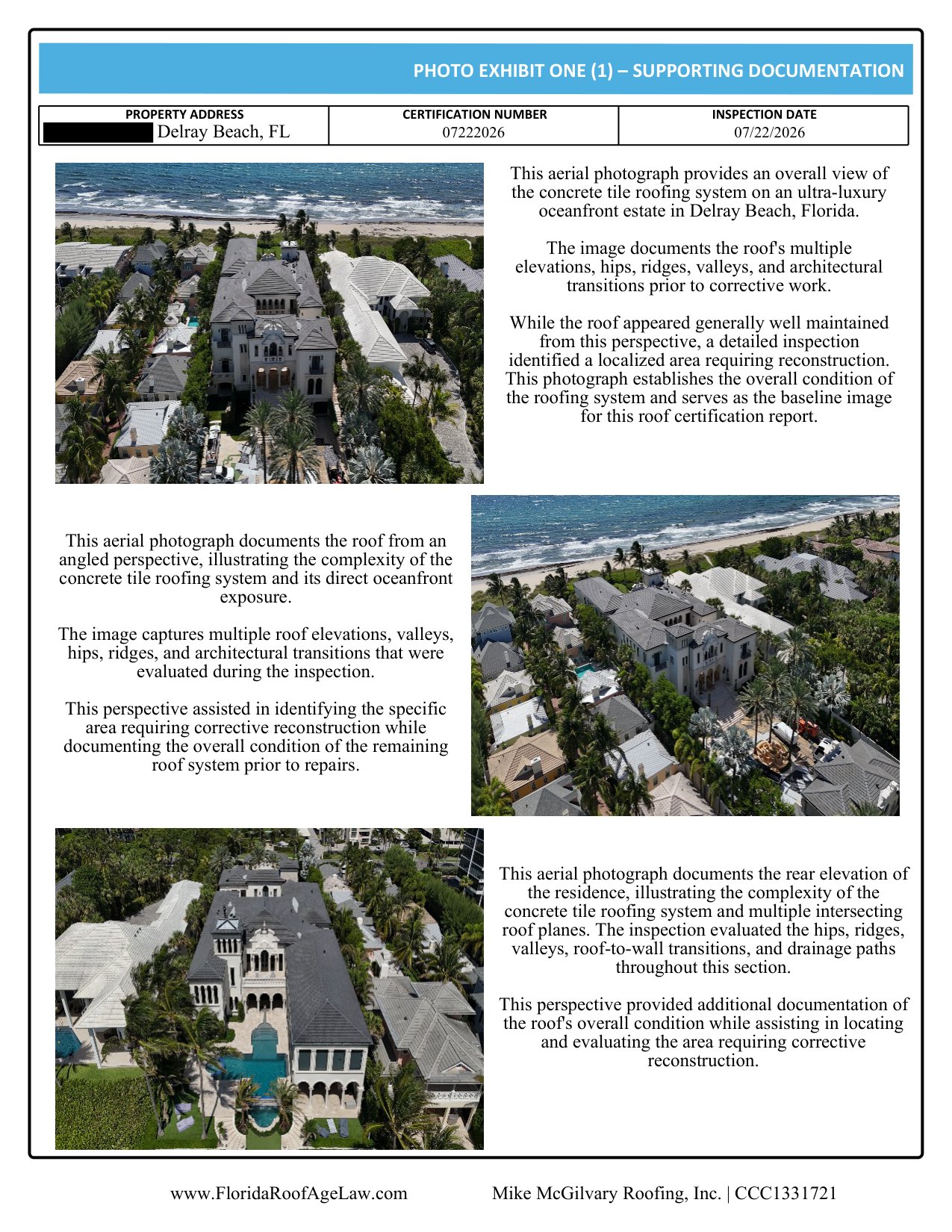 Roof certification photo exhibit documenting the Delray Beach oceanfront estate tile roof before reconstruction