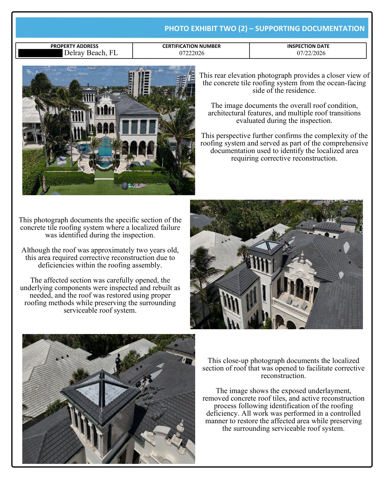 Roof certification photo exhibit documenting the localized reconstruction on the Delray Beach oceanfront estate