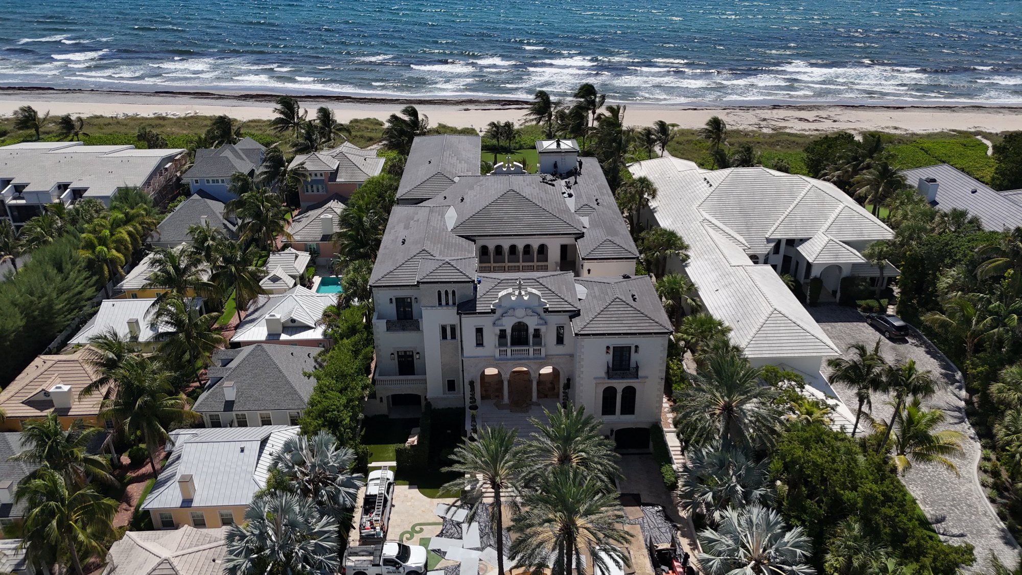 Drone view of an oceanfront estate tile roof in Palm Beach County