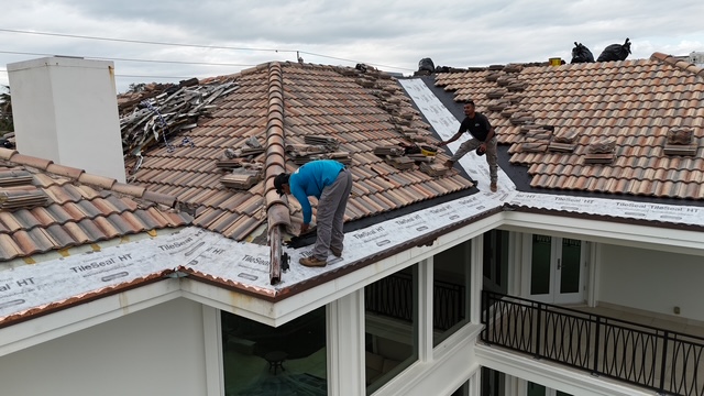 Aerial view of the Highland Beach roof repair in progress
