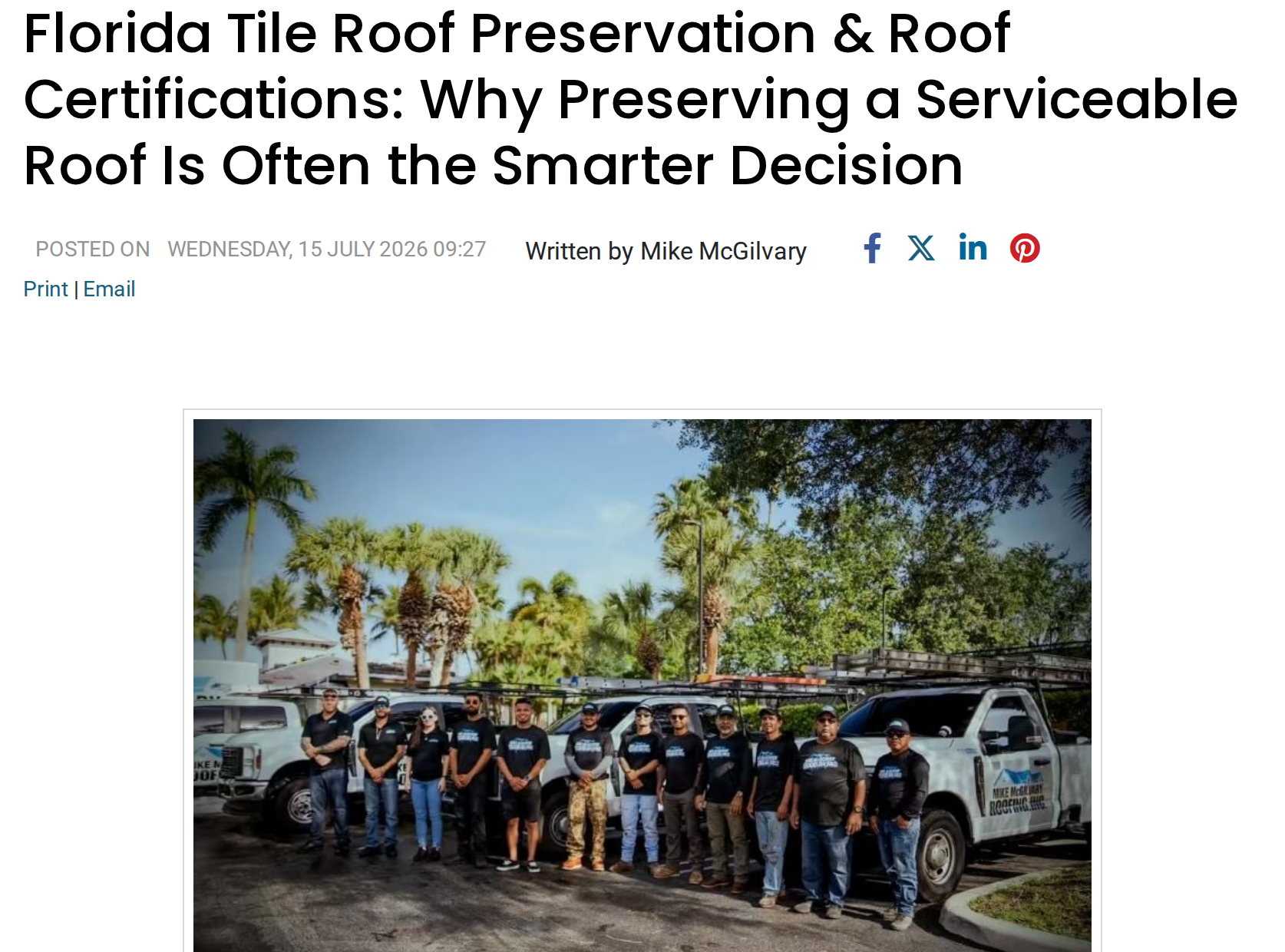 Realty Times feature by Expert Contributor Mike McGilvary, published July 15, 2026: Florida Tile Roof Preservation and Roof Certifications — Why Preserving a Serviceable Roof Is Often the Smarter Decision
