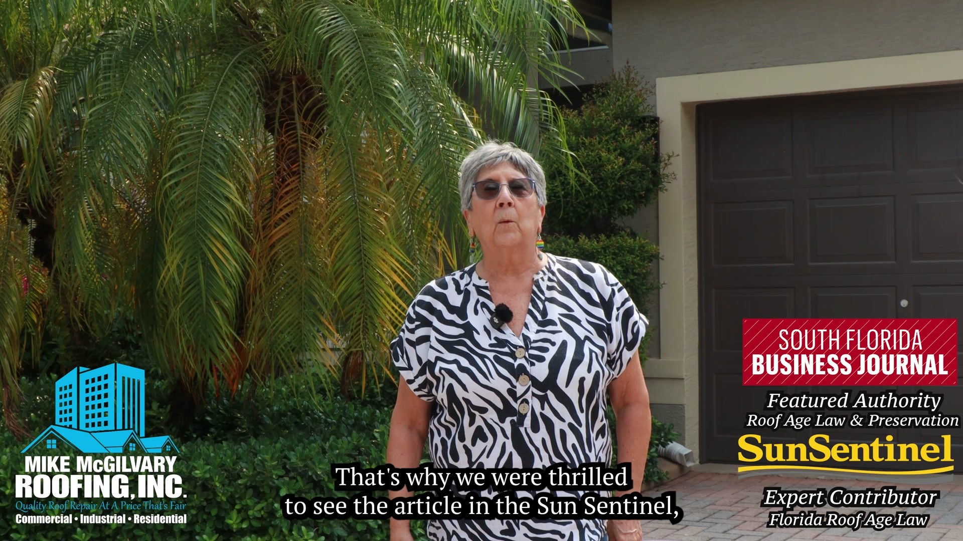 Mrs. Schwartz, a Palm Beach County homeowner, giving a roof repair testimonial in front of her home