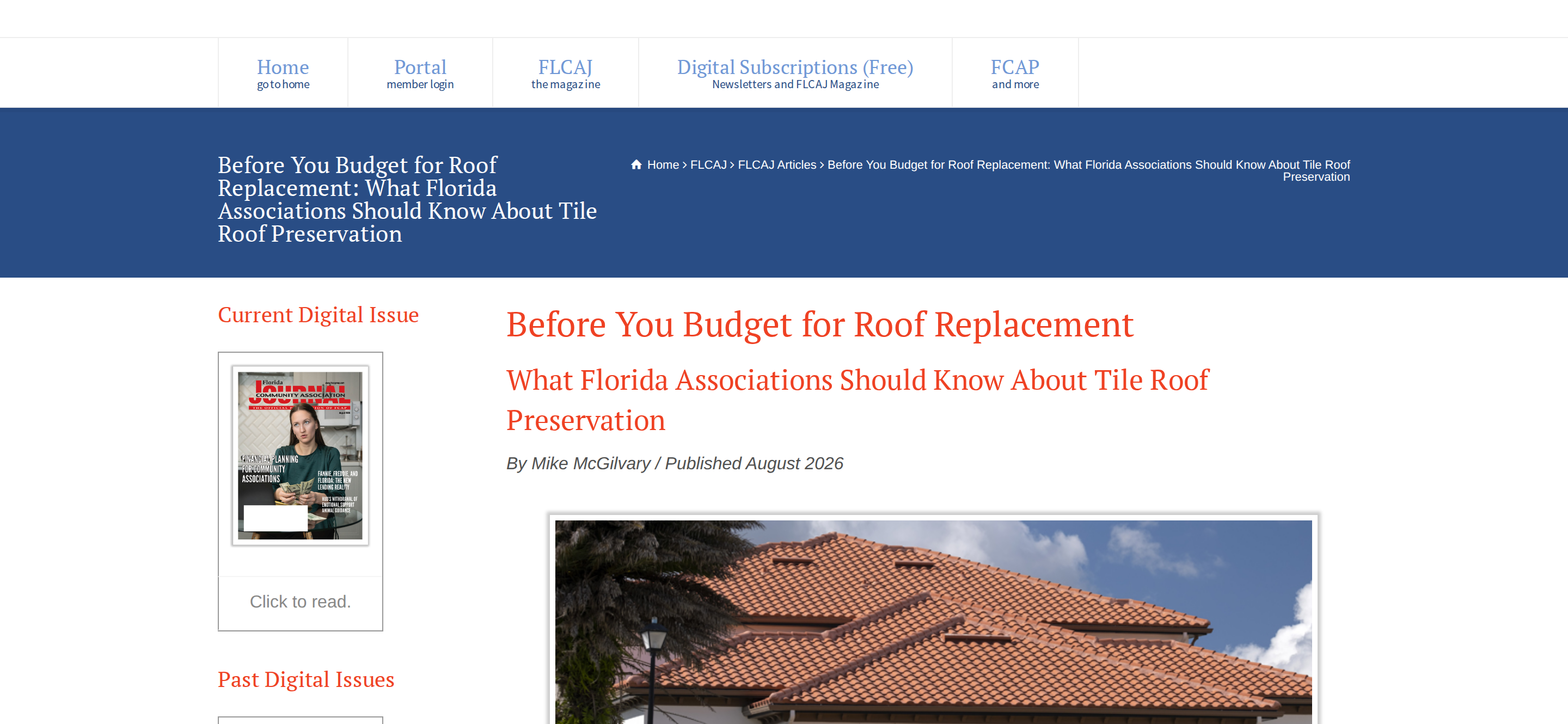 Mike McGilvary's published editorial in Florida Community Association Journal on tile roof preservation for Florida HOA and condominium associations