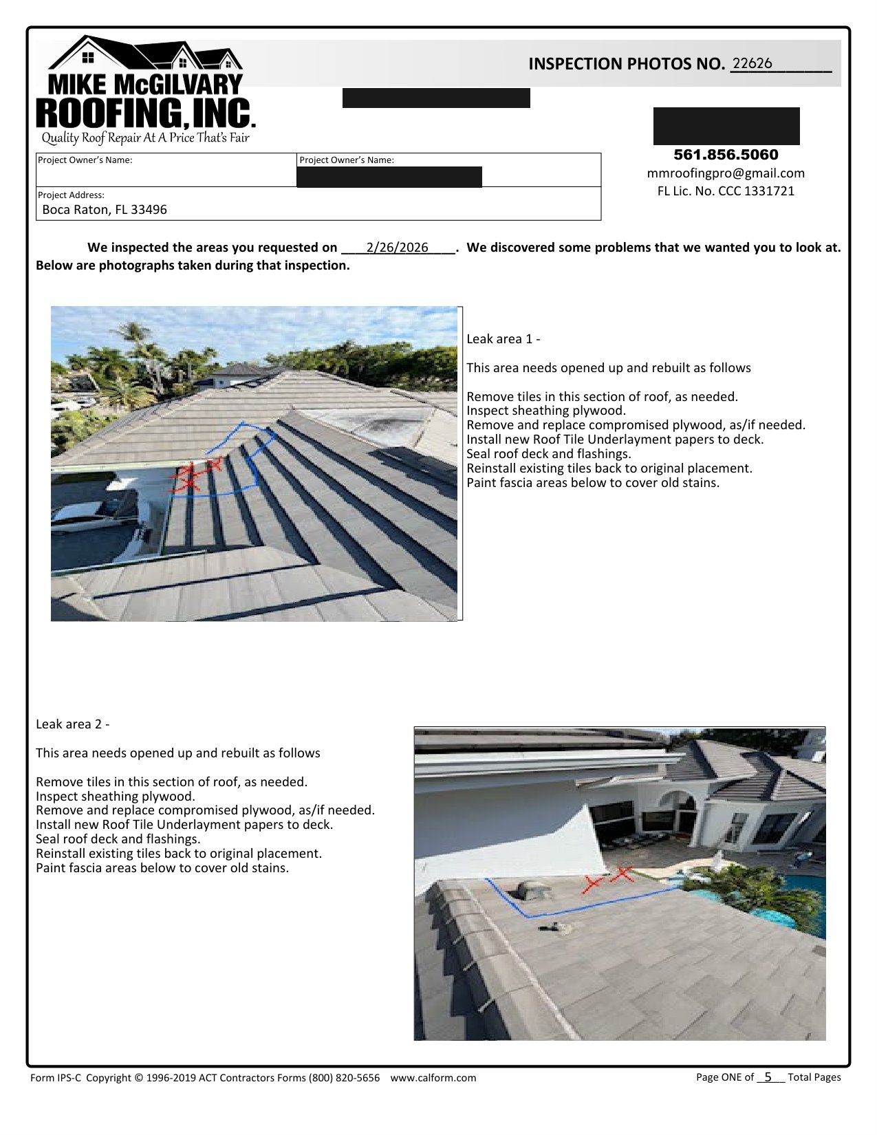 Page 1 of a Mike McGilvary Roofing inspection report for a Boca Raton 33496 tile roof, showing marked leak areas and the written repair scope for each