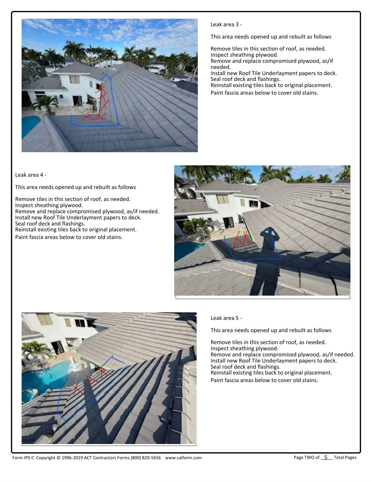 Page 2 of the same Boca Raton inspection report, showing leak areas 3, 4 and 5 with their written repair scope