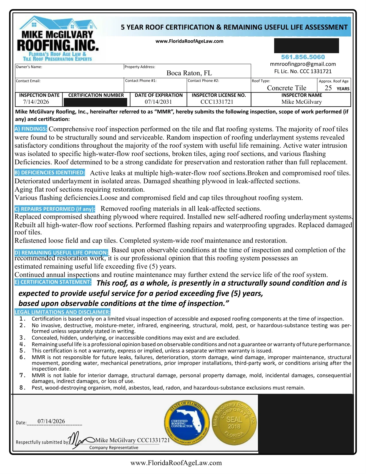 Redacted 5-Year Roof Certification for a Boca Raton tile roof, signed by Mike McGilvary, CCC1331721