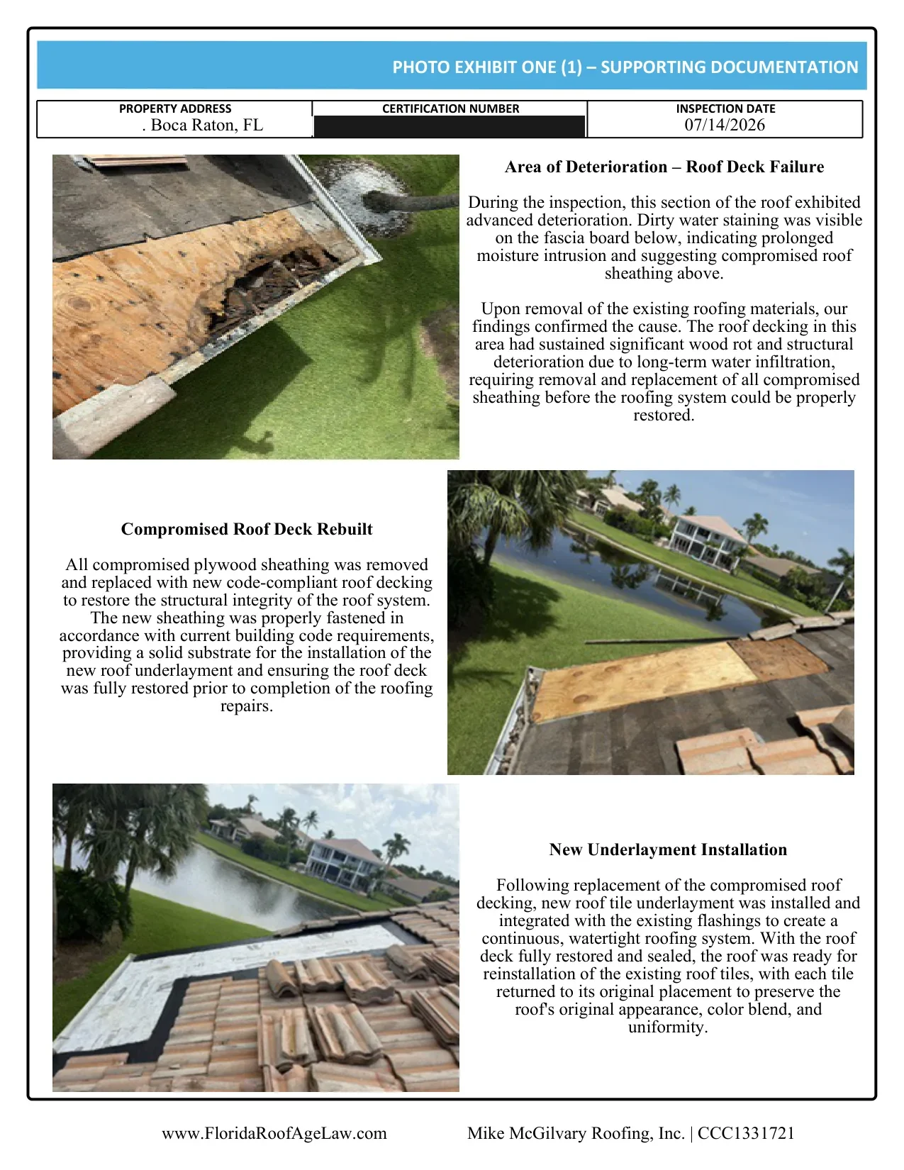 Boca Raton tile roof certification photo exhibit: the deck had failed