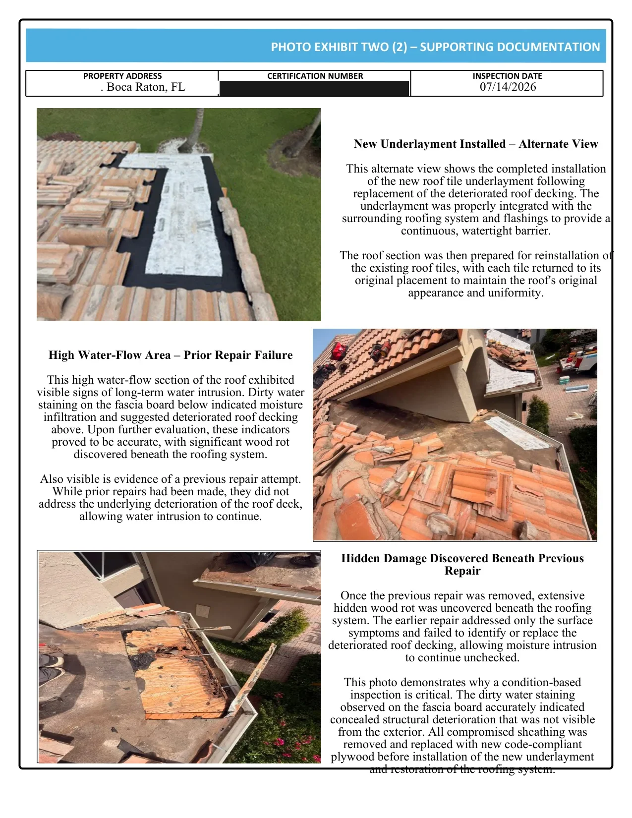 Boca Raton tile roof certification photo exhibit: new deck, new underlayment