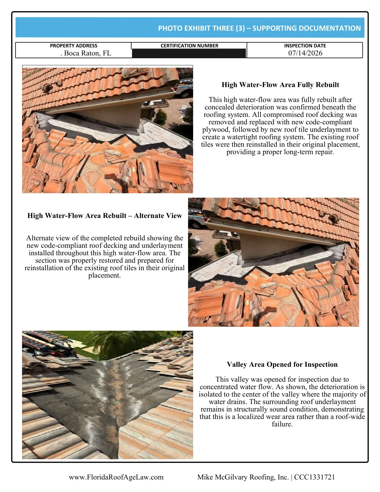 Boca Raton tile roof certification photo exhibit: high-water-flow area rebuilt