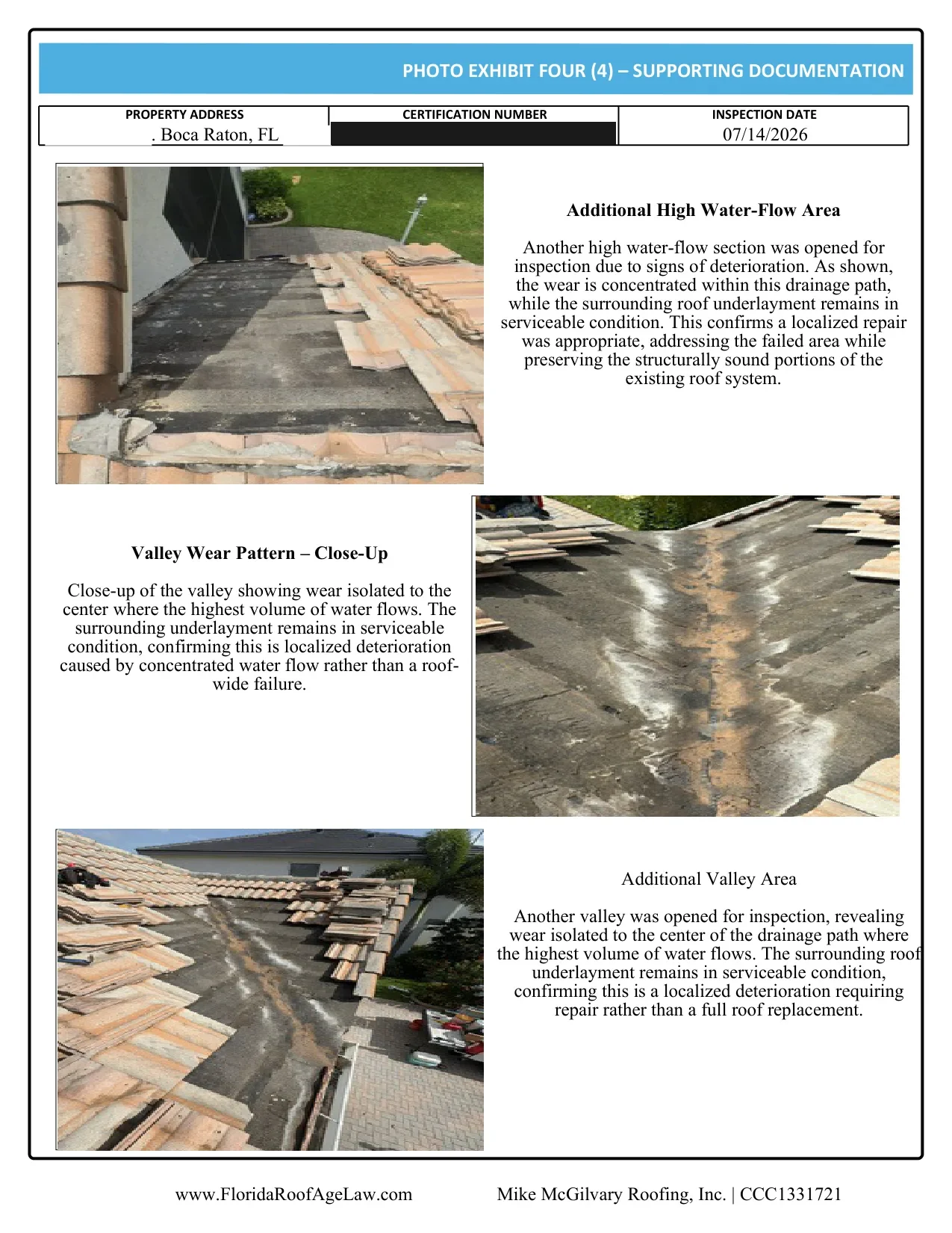 Boca Raton tile roof certification photo exhibit: the wear pattern, close up