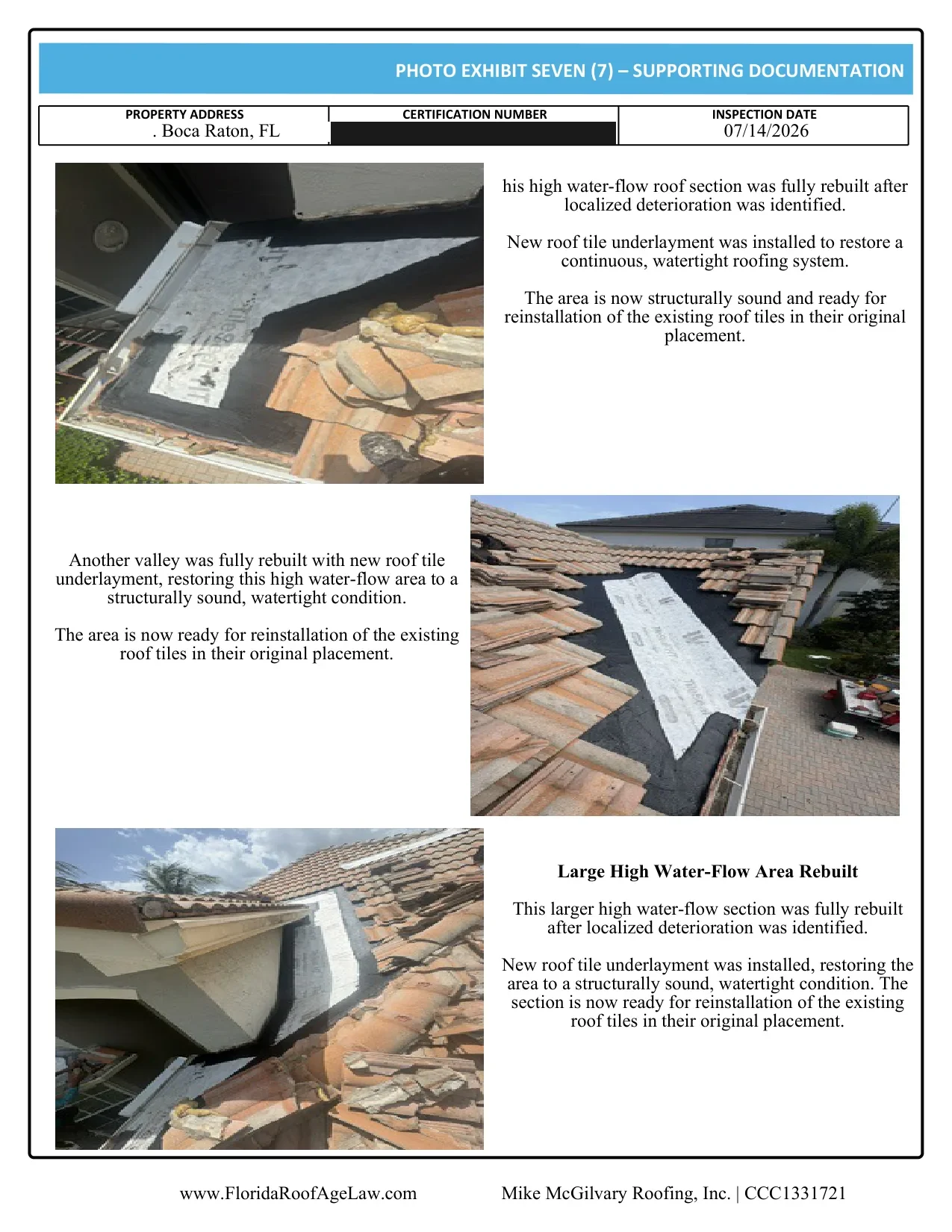 Boca Raton tile roof certification photo exhibit: more sections rebuilt