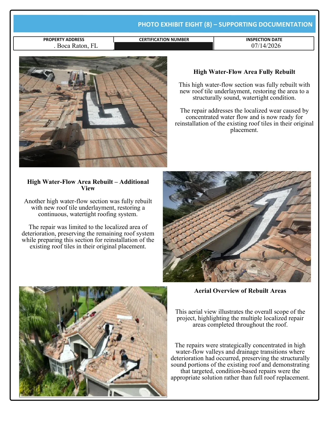Boca Raton tile roof certification photo exhibit: the large water-flow area