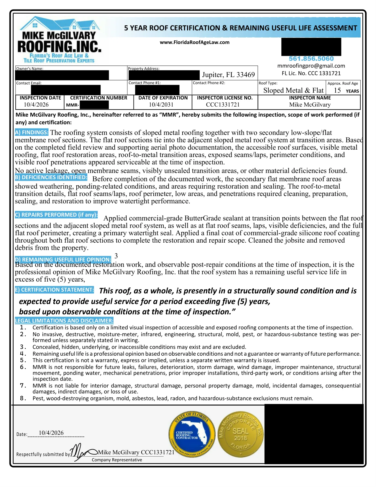Page 1 of the 5-Year Roof Certification for the Jupiter 33469 roof, inspected 10/4/2026, expiring 10/4/2031, signed by Mike McGilvary CCC1331721, with owner details and certificate number blacked out.
