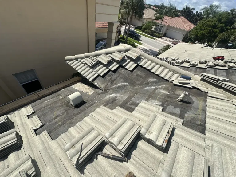 The lower roof slope with the tiles lifted off, showing the old dark underlayment.