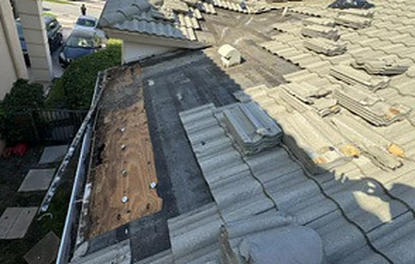 The lower roof slope opened along the gutter, showing dark, rotted roof plywood.