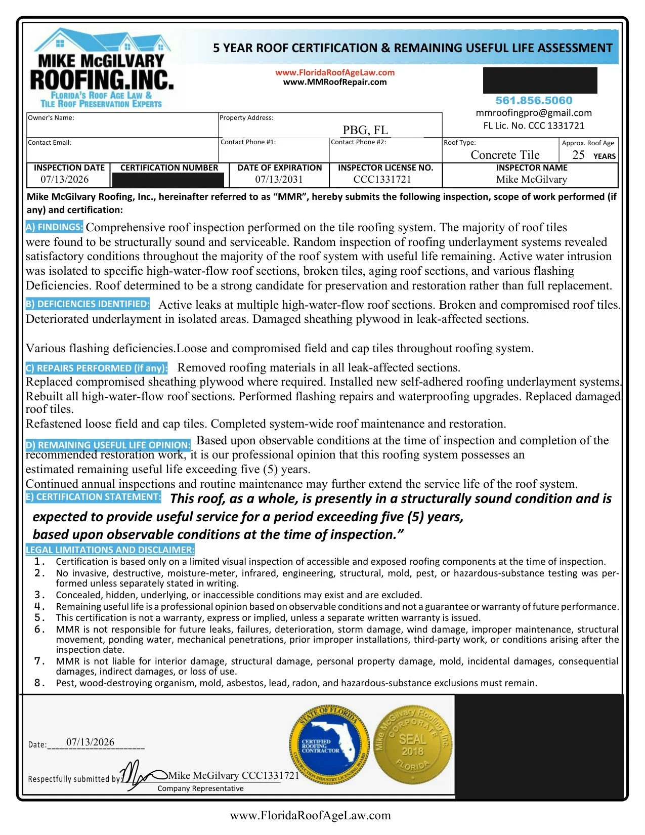 Redacted 5-Year Roof Certification for a Palm Beach Gardens tile roof, signed by Mike McGilvary, CCC1331721