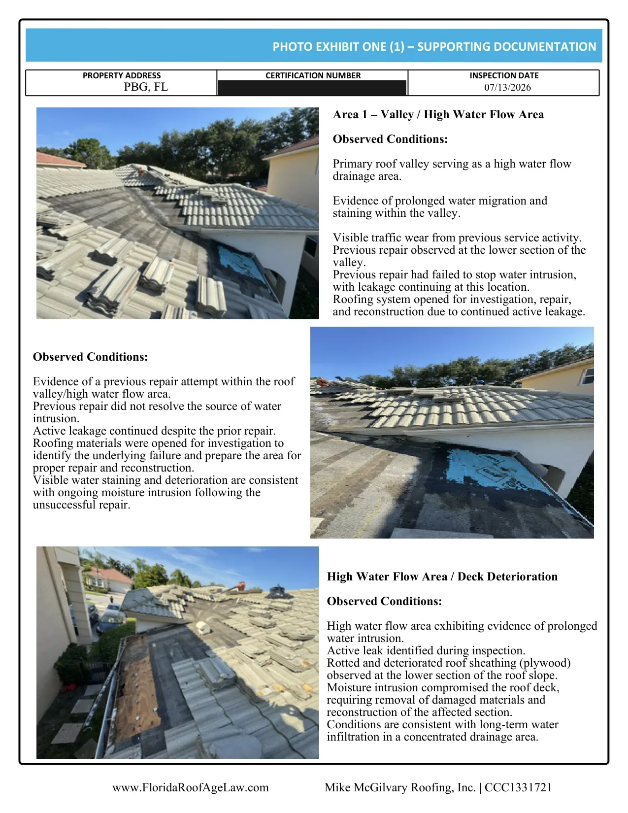 Palm Beach Gardens tile roof certification photo exhibit: the failed prior repair