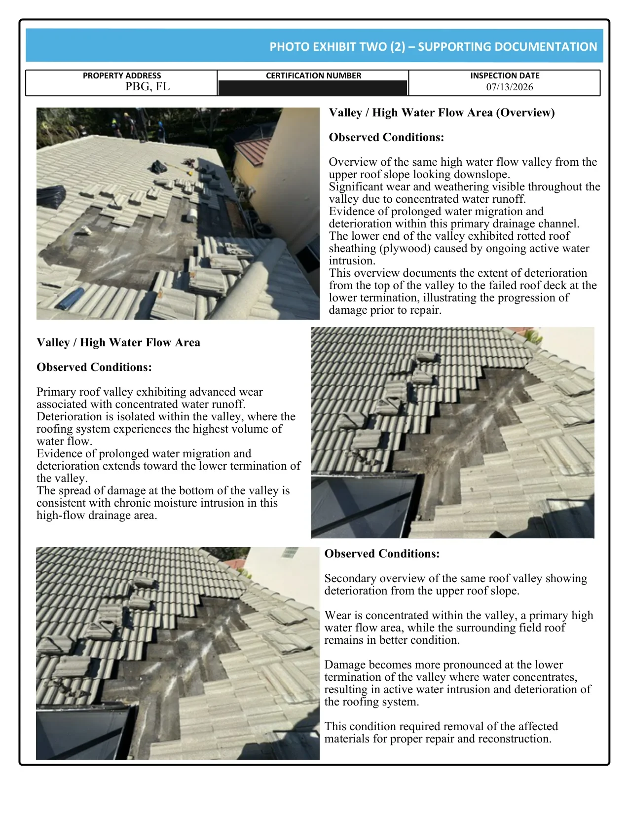 Palm Beach Gardens tile roof certification photo exhibit: the valley, top to bottom