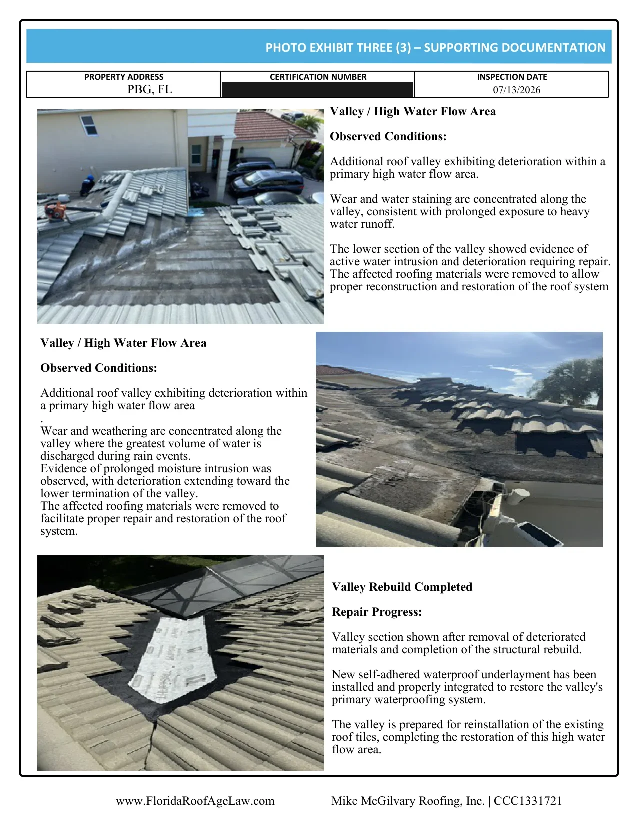 Palm Beach Gardens tile roof certification photo exhibit: a second valley