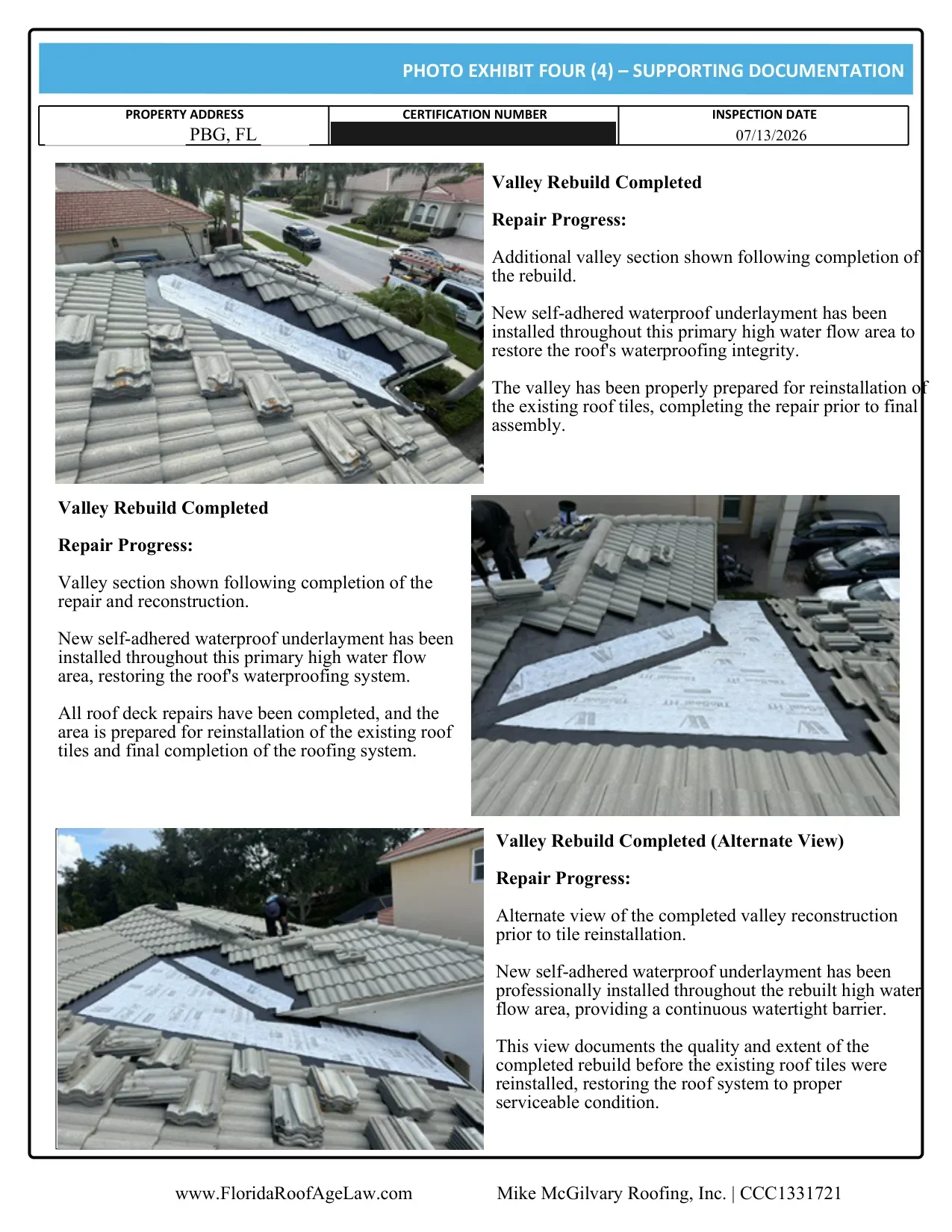 Palm Beach Gardens tile roof certification photo exhibit: valley rebuild complete