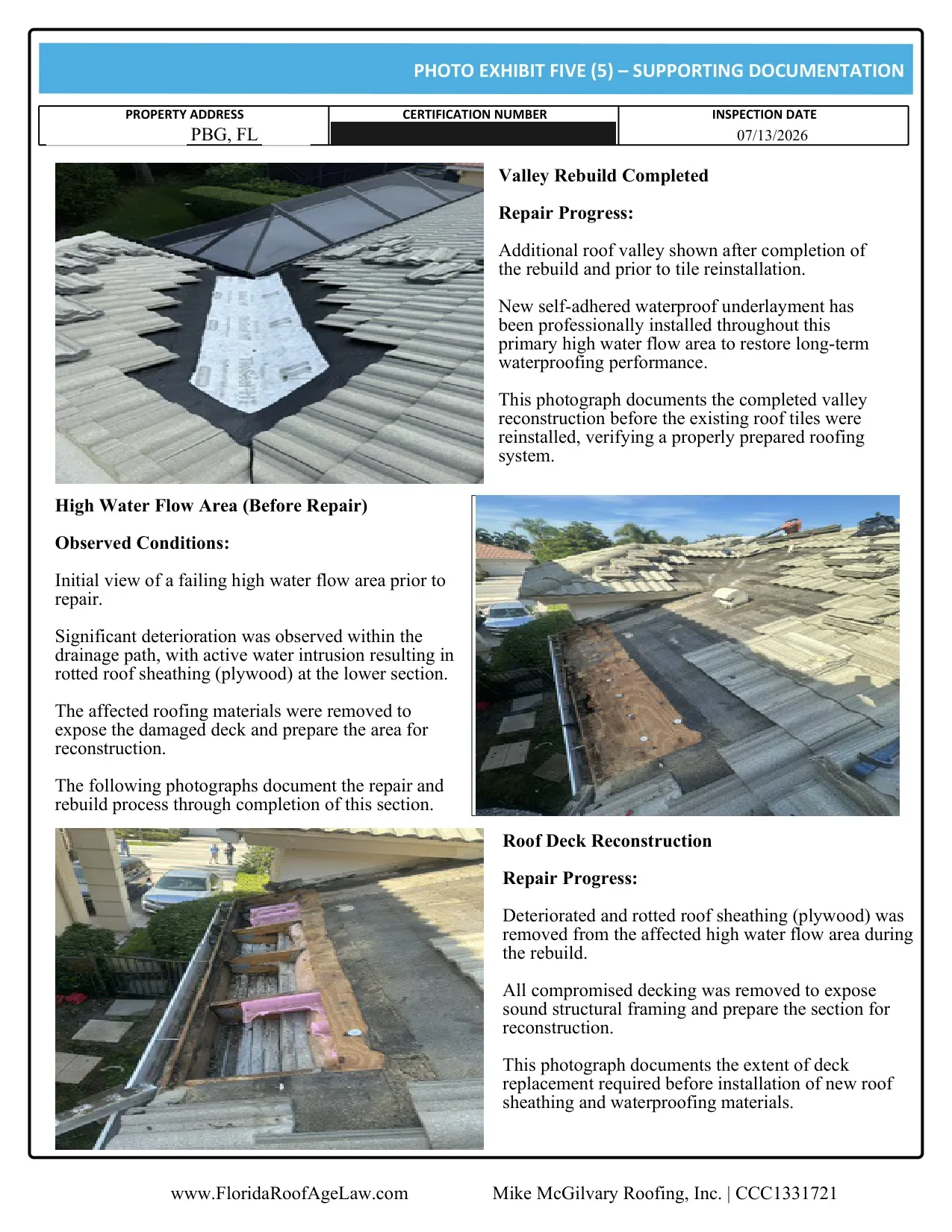 Palm Beach Gardens tile roof certification photo exhibit: another valley rebuilt