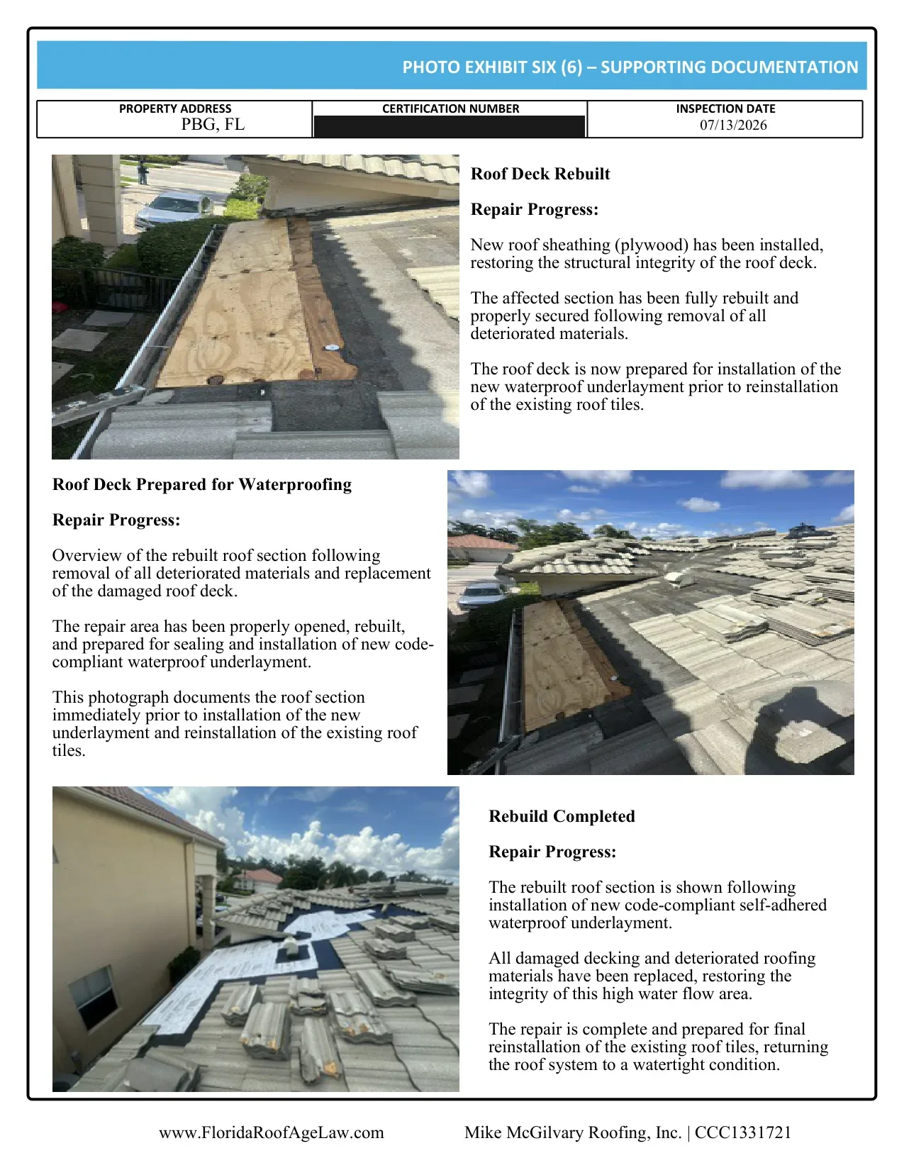Palm Beach Gardens tile roof certification photo exhibit: roof deck rebuilt