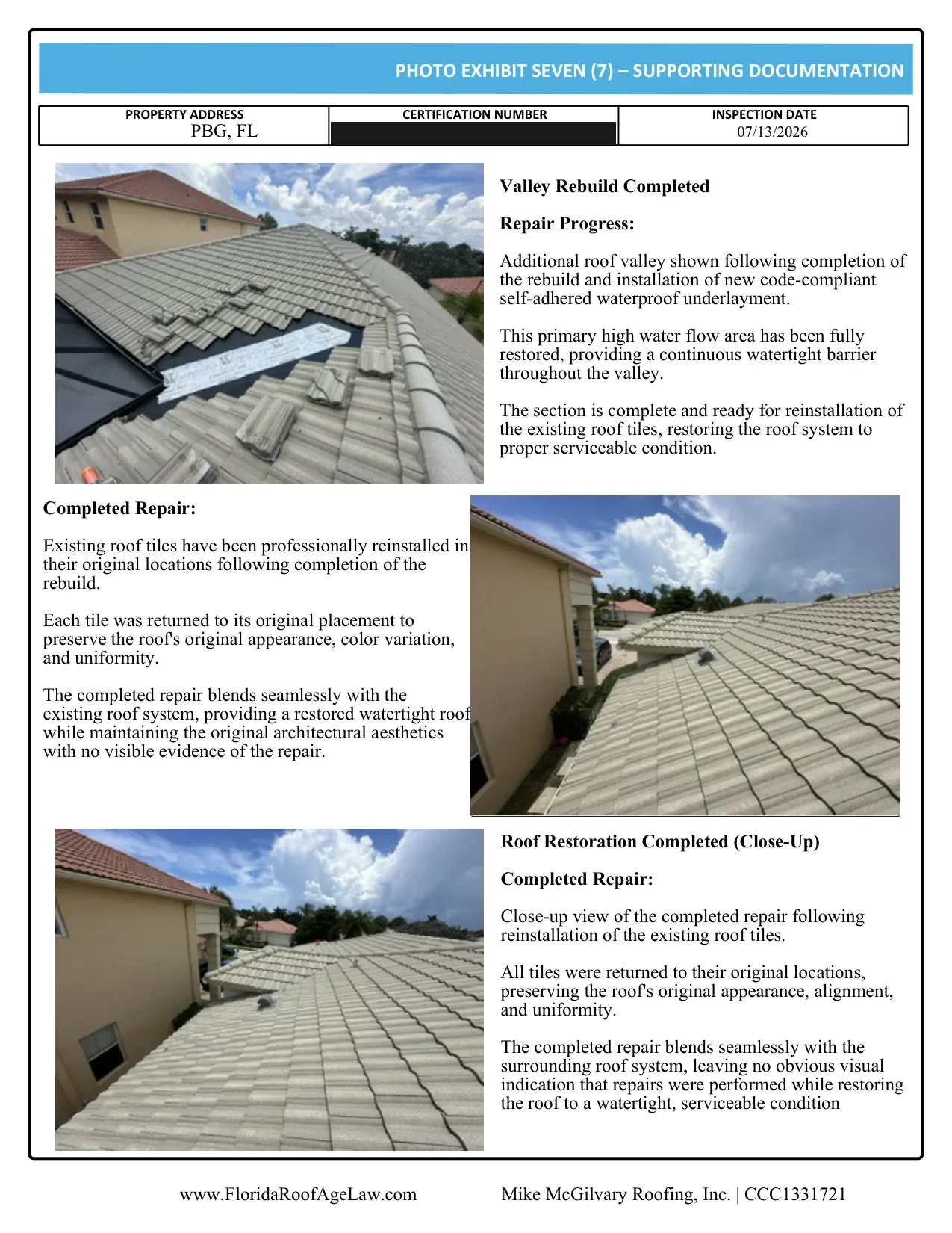 Palm Beach Gardens tile roof certification photo exhibit: new self-adhered underlayment