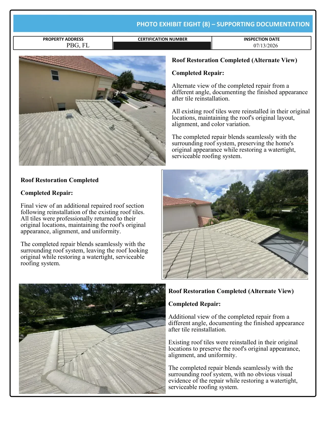 Palm Beach Gardens tile roof certification photo exhibit: the finished roof
