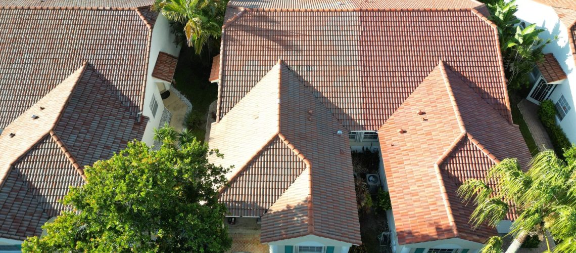 Aerial view of the Canoe Shore Way tile roof in Delray Beach inspected by Mike McGilvary Roofing