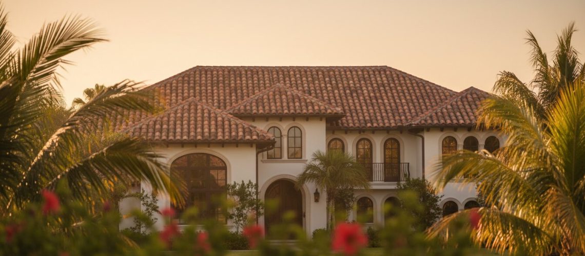 Mature terra-cotta Spanish-tile roof on a South Florida residence in warm afternoon light