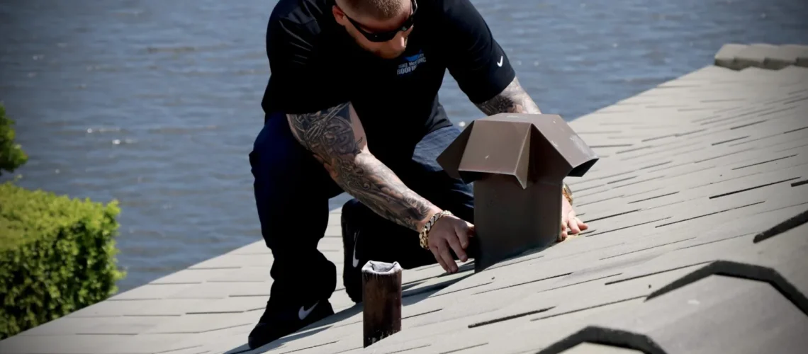 Mike McGilvary evaluating a roof penetration and vent flashing during a tile roof inspection