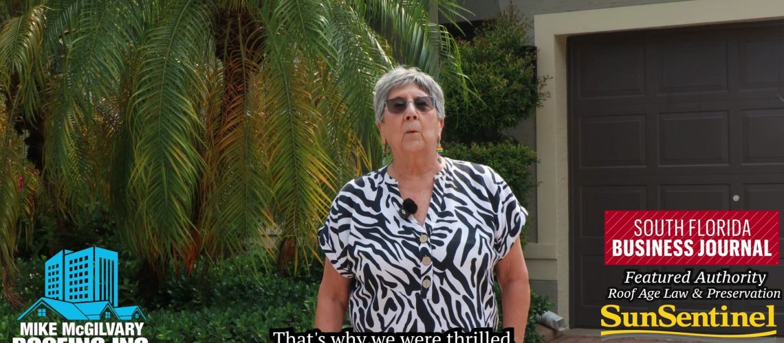Mrs. Schwartz, a Palm Beach County homeowner, giving a roof repair testimonial in front of her home